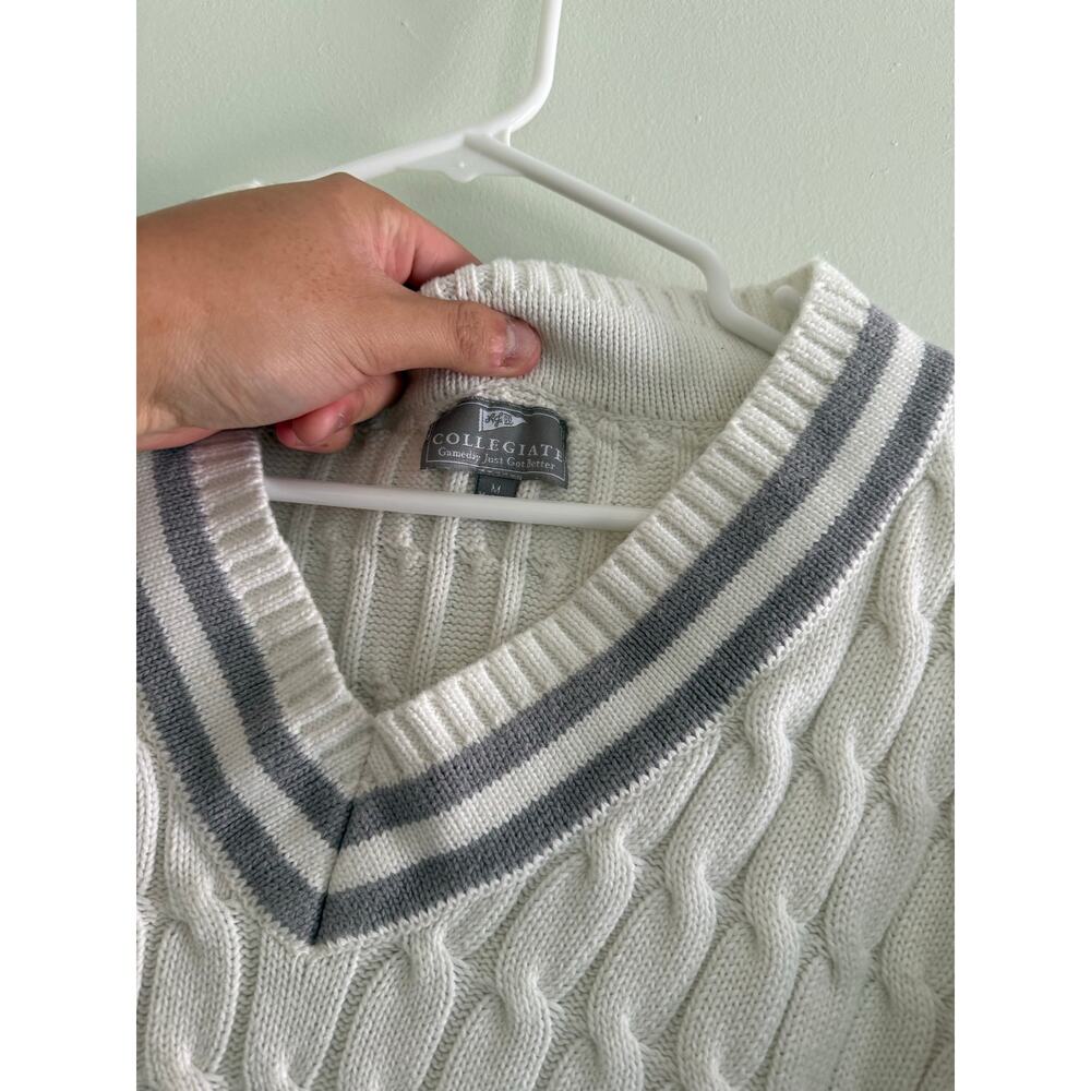 Preppy Cable Knit Gray Accents Old Money V-Neck Sweater 100% Cotton Folklore - Picture 5 of 8